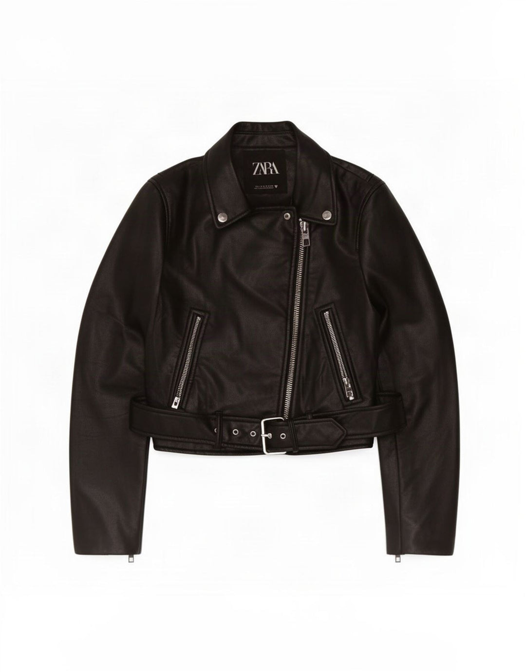 Zara Veste de motard courte en simili cuir pour femme UK 10 Petit Noir Polyester