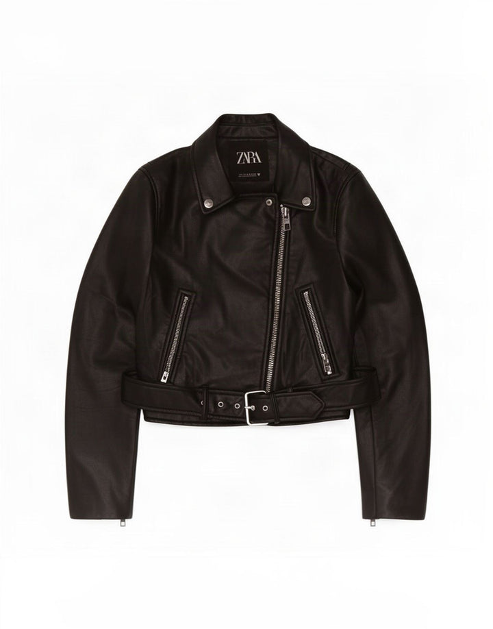 Zara Veste de motard courte en simili cuir pour femme UK 10 Petit Noir Polyester