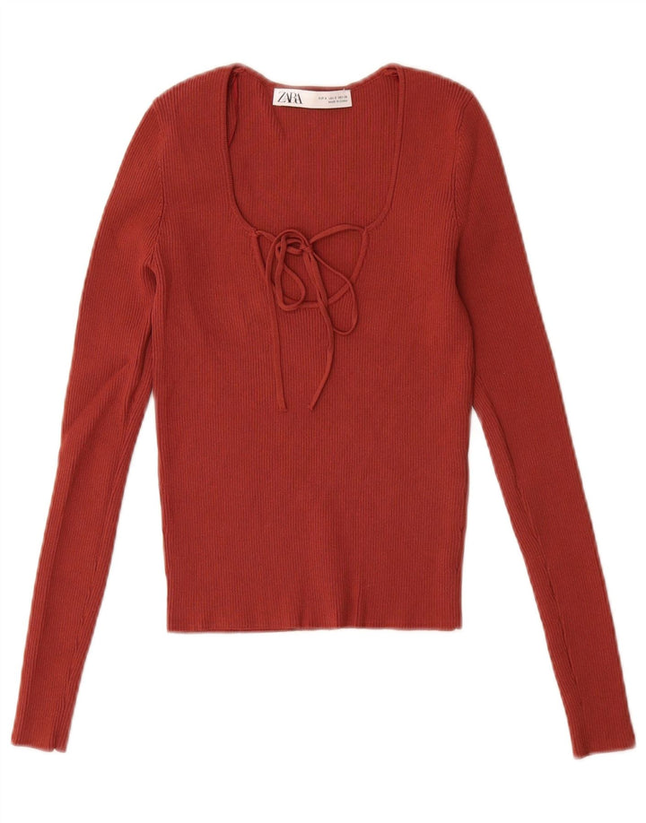 Zara Womens Crop Top Manches Longues UK 8 Small Rouge Viscose