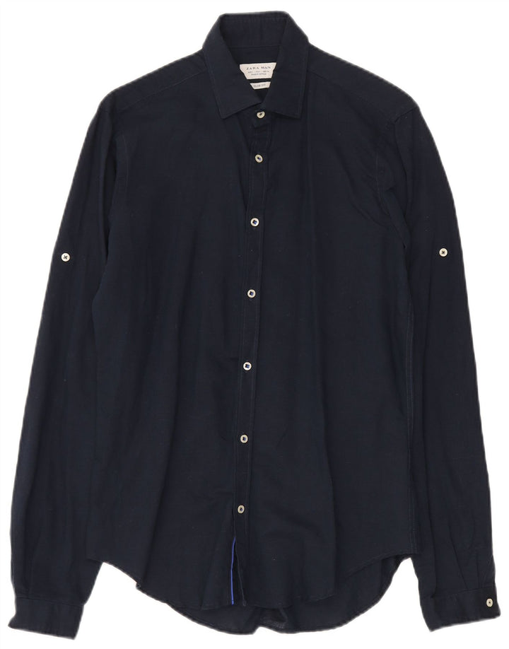 Zara Chemise Slim Fit Petit Bleu Marine Lin