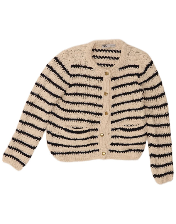 Zara Womens Crop Cardigan Sweater UK 14 Medium Off White Rayé Coton