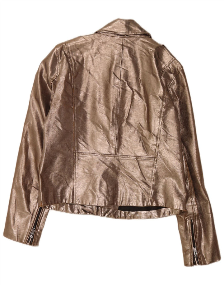 Zara Veste de motard en cuir pour femme UK 14 Large Or