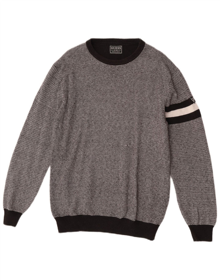 Guess Pull à col rond pour homme en coton rayé noir moyen