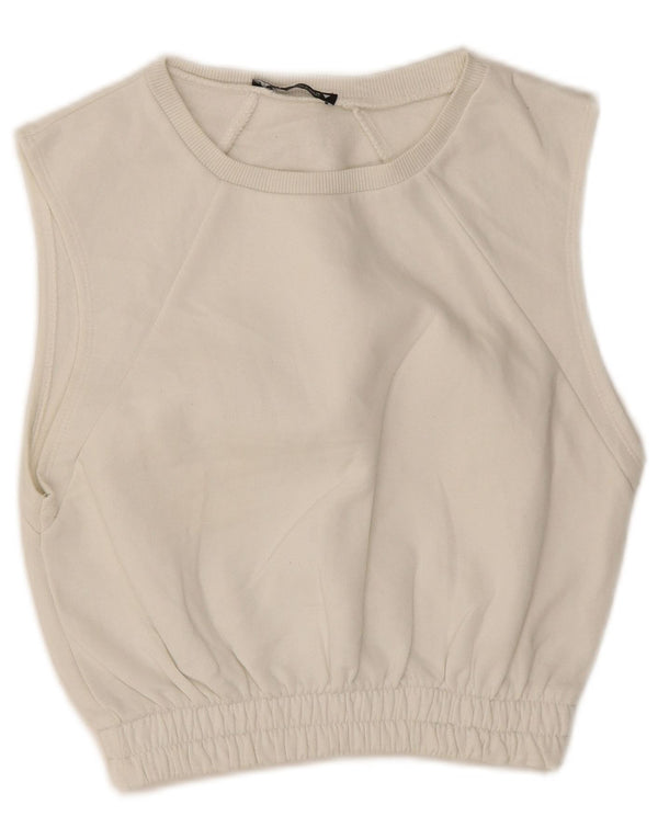 Zara Womens Crop Sweatshirt sans manches Jumper UK 10 Petit coton blanc