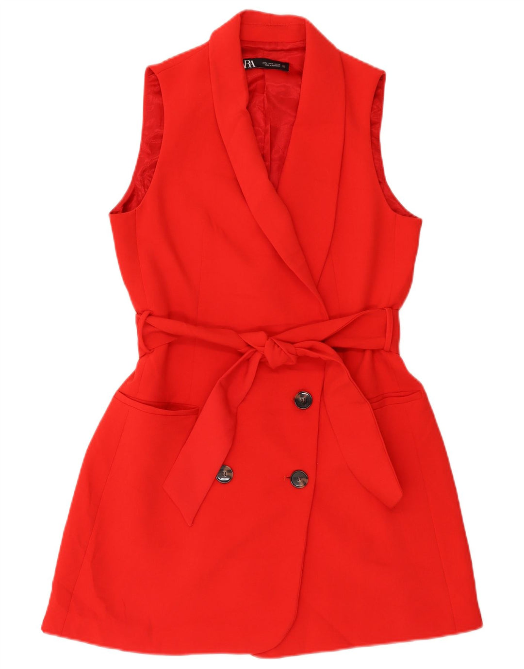 Zara Femme Gilet Long à Double Boutonnage UK 10 Petit Polyester Rouge