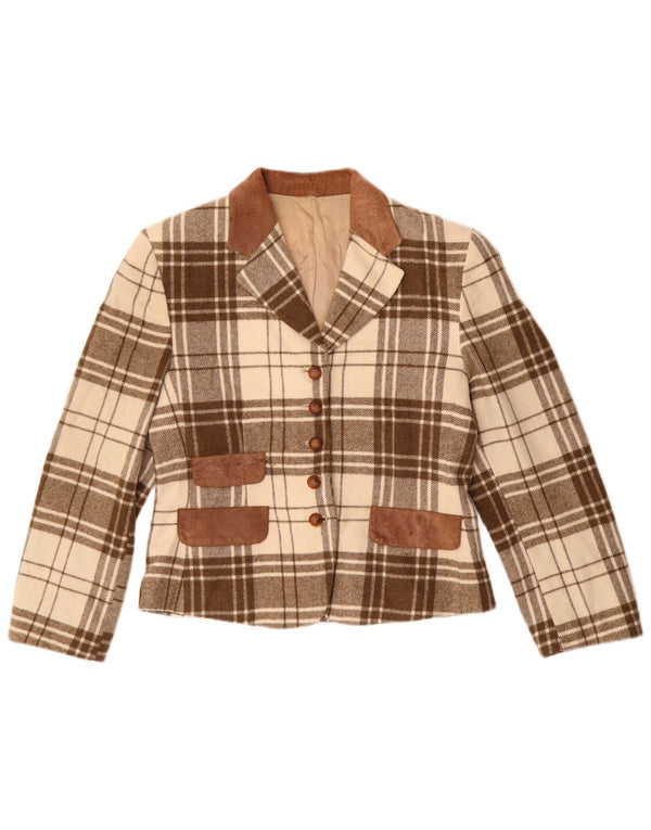 vintage Femme 5 Bouton Blazer Veste UK 14 Medium Brown Check Polyacrylique
