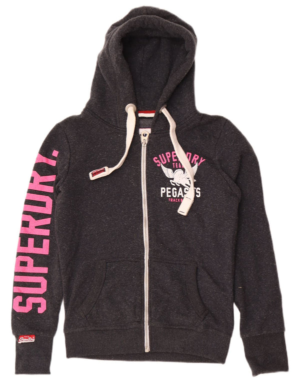 Superdry Pull à capuche zippé graphique pour femme UK 6 XS Polyester moucheté gris
