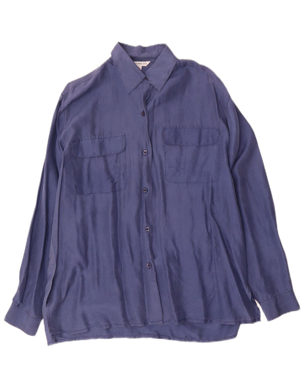 vintage Femme Chemise Blouse UK 16 Grande Soie Bleu Marine