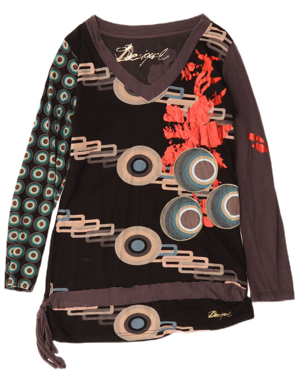 Desigual Femme Graphic Top Manches Longues UK 18 XL Noir Géométrique Coton