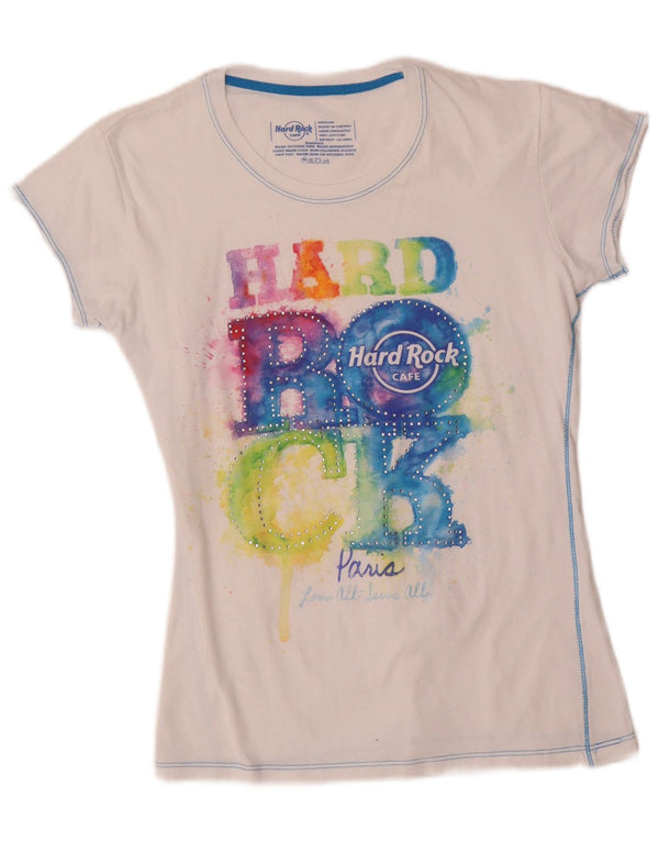 Hard Rock Cafe Paris T-shirt graphique pour femme en coton blanc moyen UK 12