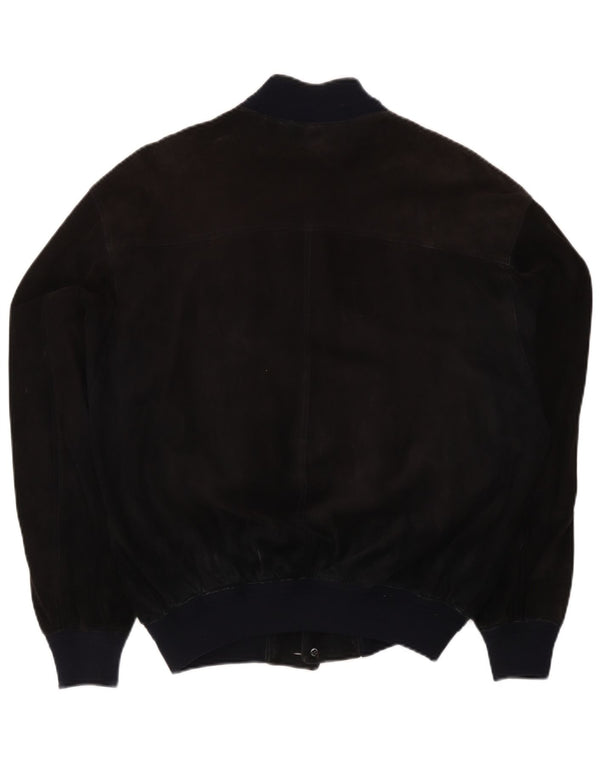 vintage Mens Suede Bomber Jacket UK 38 Cuir Colorblock Noir Moyen