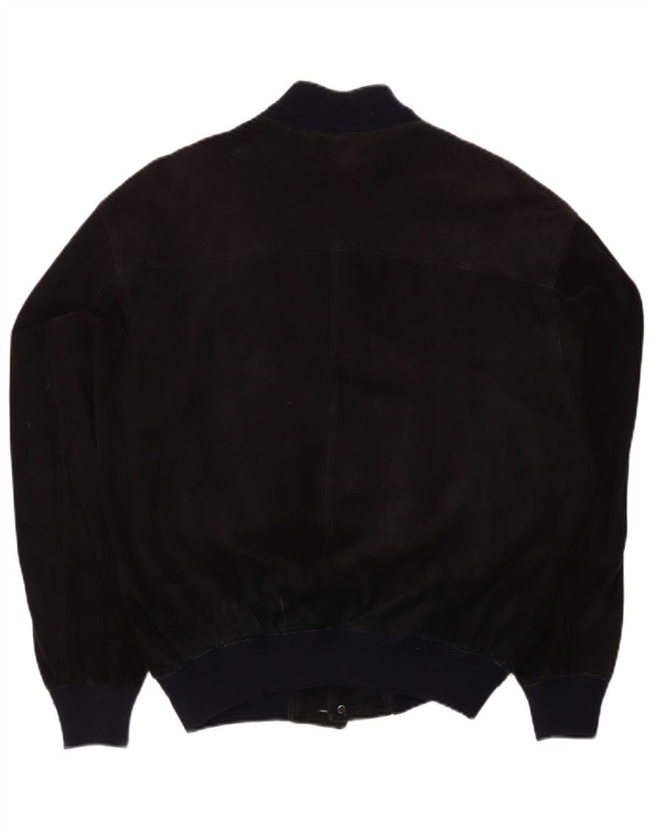 vintage Mens Suede Bomber Jacket UK 38 Cuir Colorblock Noir Moyen