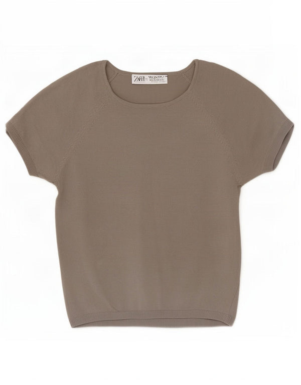 Zara Womens Crop Blouse Top UK 14 Large Gris Viscose