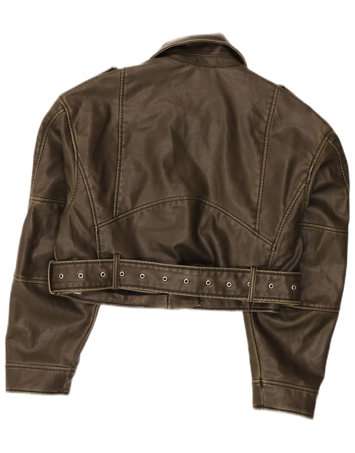 Zara Veste de motard courte en similicuir pour femme UK 14 Vert moyen Polyester