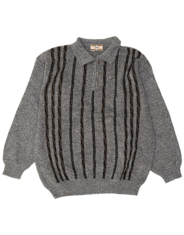 vintage Mens Polo Neck Jumper Pull Grand Bleu Rayé