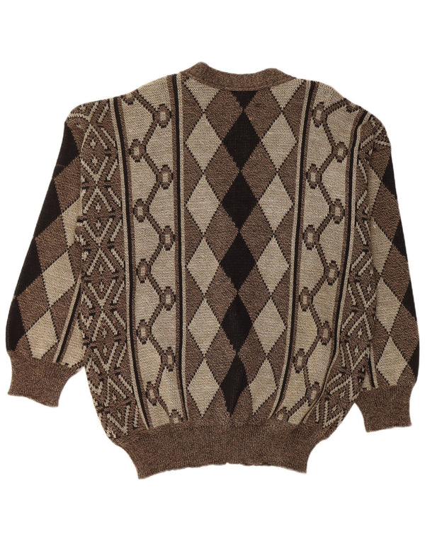 VINTAGE Mens Cardigan Sweater XL Brown Argyle/Diamond Polyester