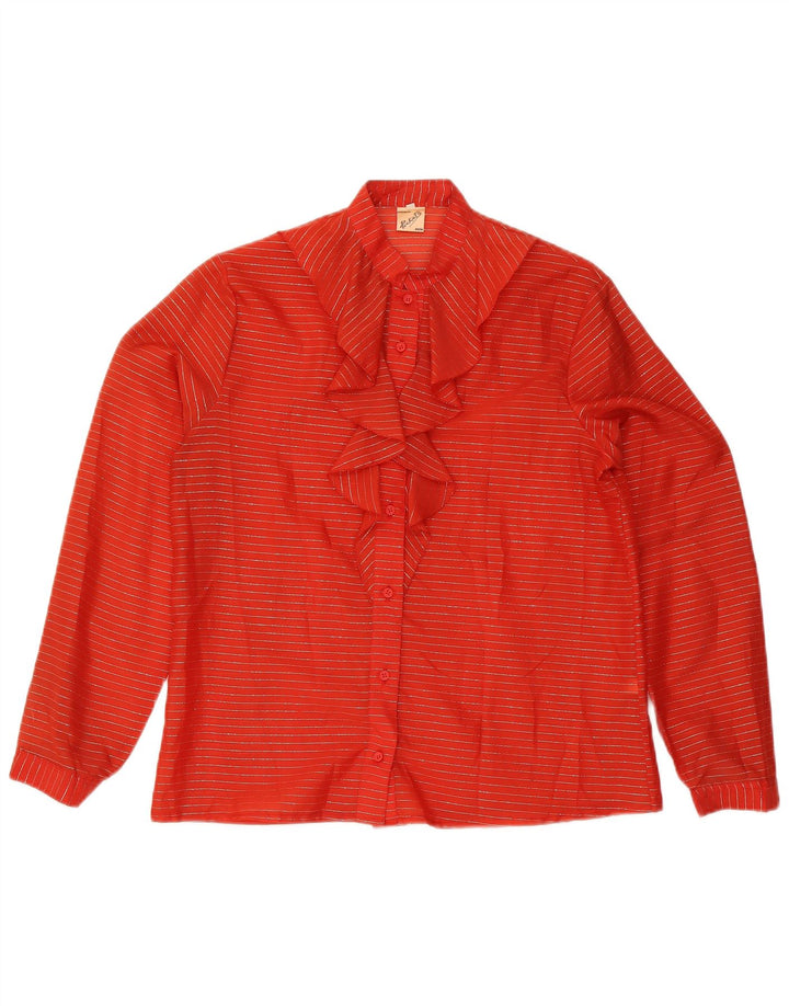 vintage Femmes Ruffle Front Blouse Top IT 48 XL Rouge Rayé Polyester