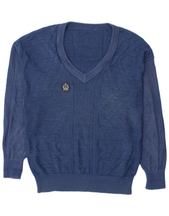vintage Homme Col V Pull Pull IT 48 Coton Bleu Moyen