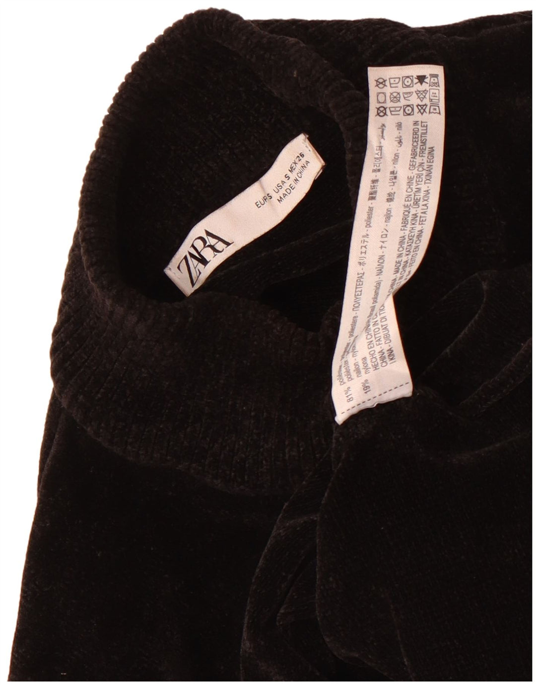 Zara Pull court en velours à col roulé pour femme UK 8 Small Noir