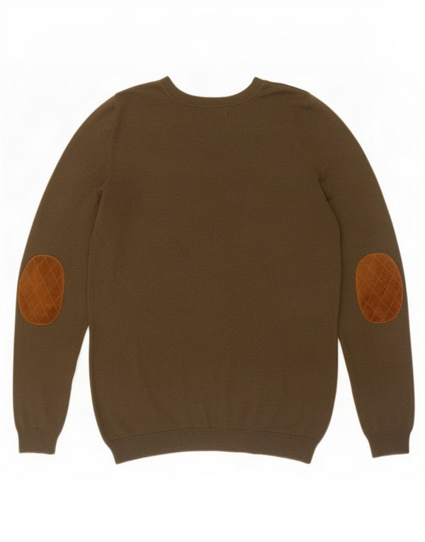 Massimo Dutti Womens Crew Neck Jumper Sweater UK 12 Medium Khaki Cotton