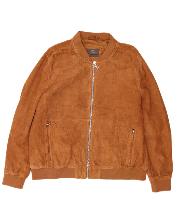 Marks & Spencer Mens Suede Bomber Jacket UK 46 3XL Brown Leather