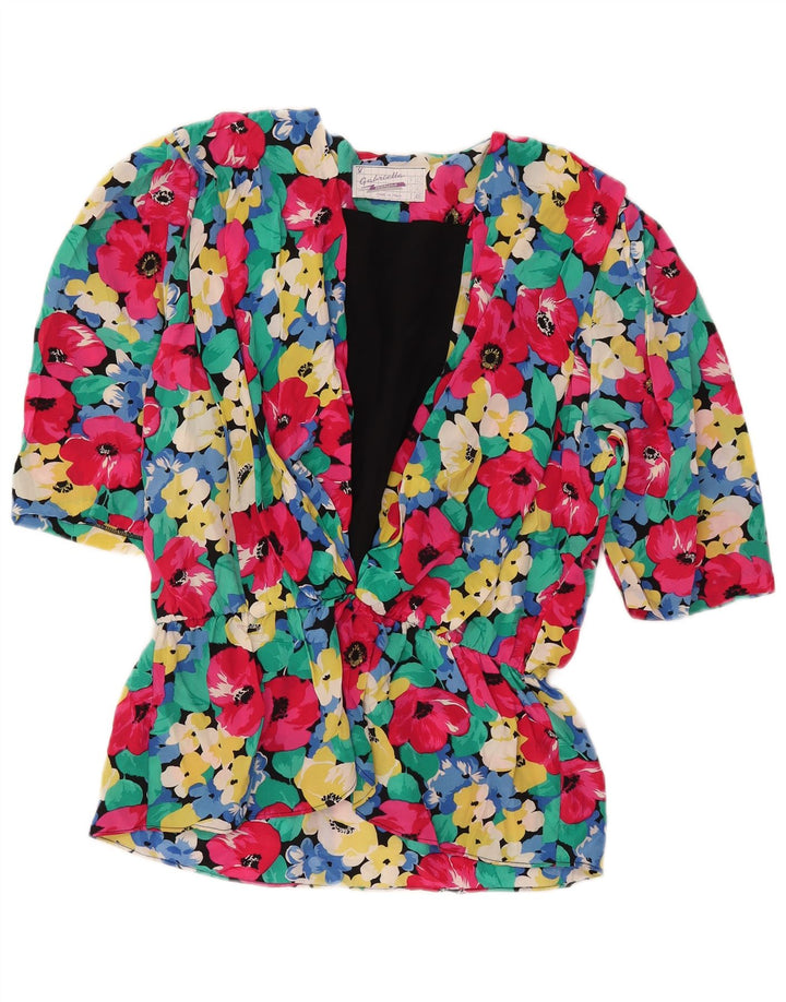 vintage Femme 3/4 Manches Blouse Top IT 46 Grand Floral Multicolore