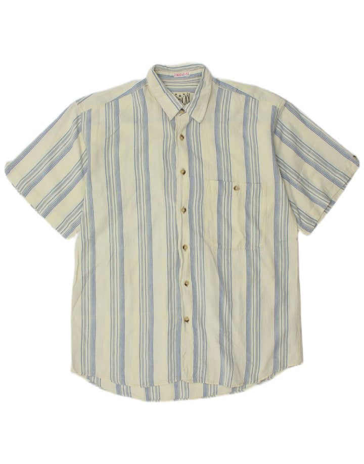 VINTAGE Chemise à manches courtes pour hommes Large Rayé Bleu