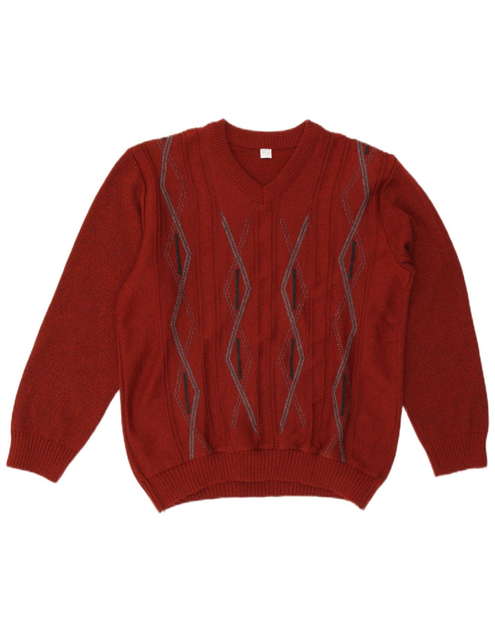 vintage Mens V-Col Jumper Pull UK 38 Moyen Maroon Géométrique
