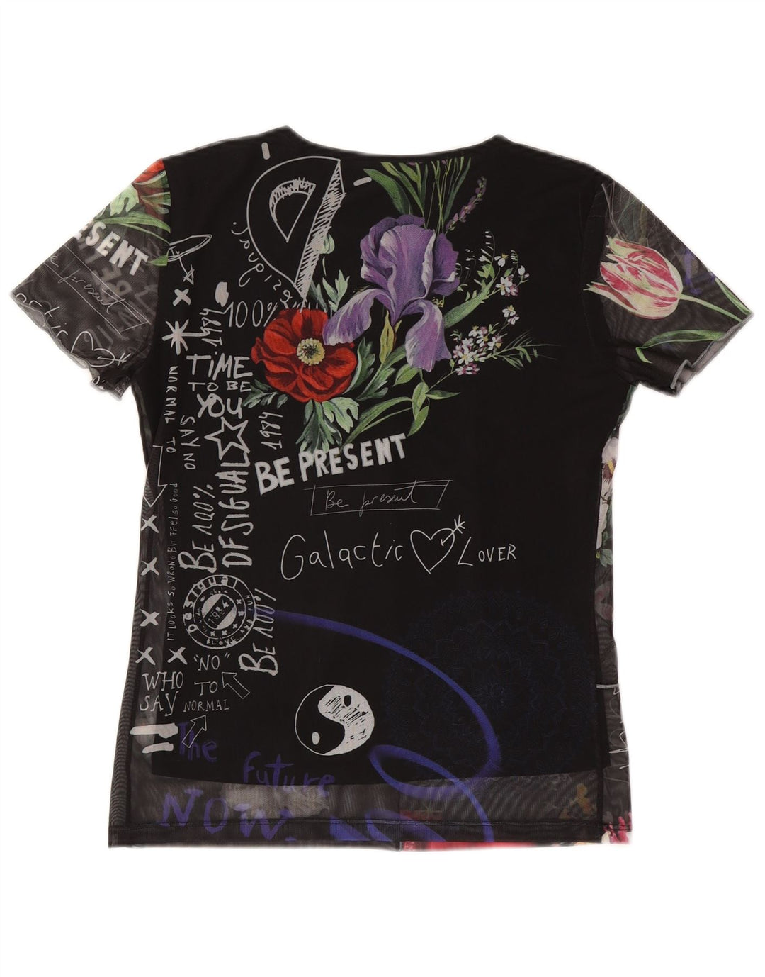 Desigual Femme Graphic T-Shirt Top UK 12 Medium Noir Floral Polyester