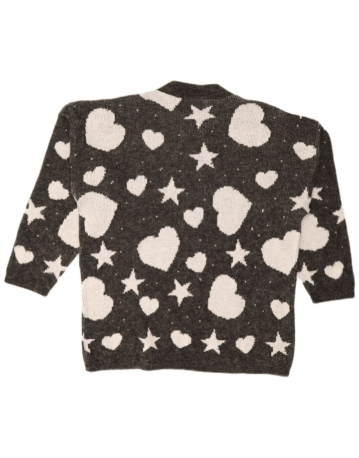 vintage Femmes Motif Abstrait Crew Neck Jumper Pull UK 14 Grand Noir