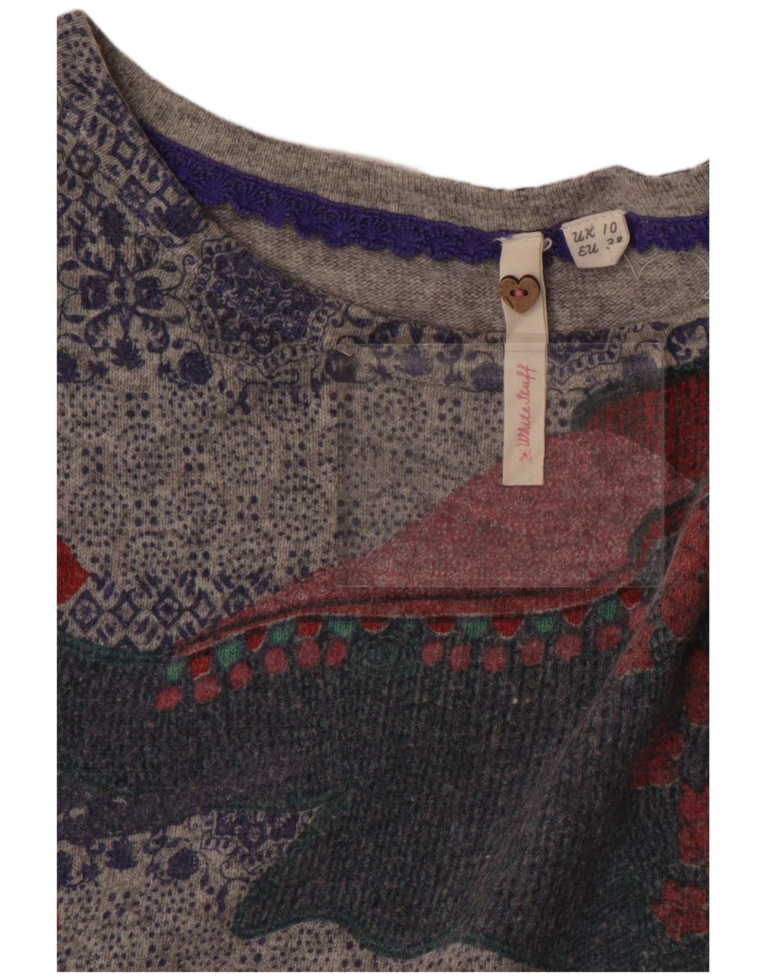 WHITE STUFF Pull graphique à col bateau pour femme UK 10 Petit Gris