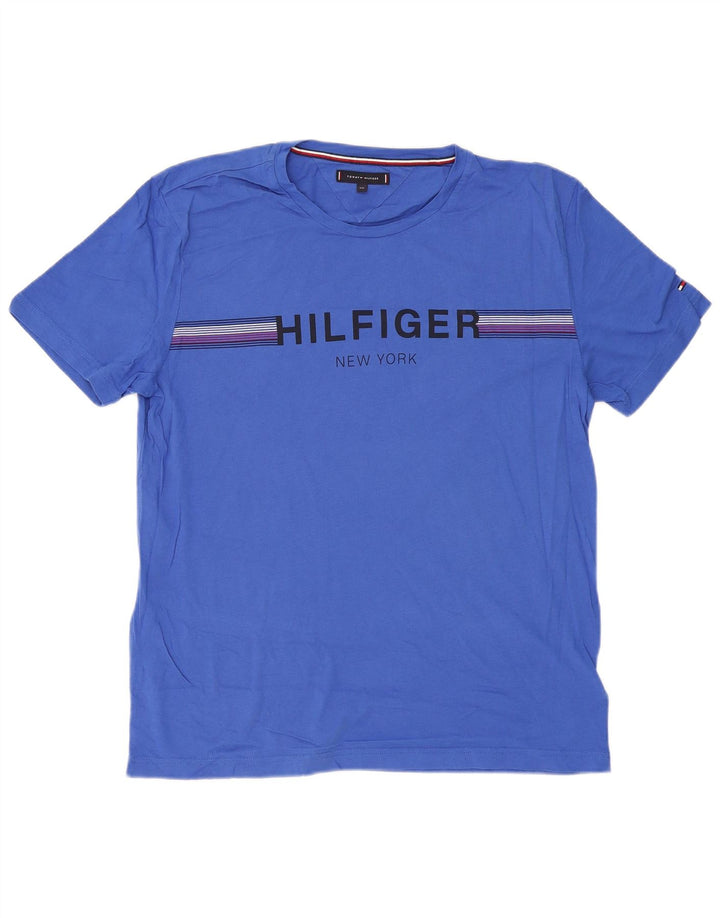 TOMMY HILFIGER T-Shirt Graphique Homme Top 2XL Bleu Coton