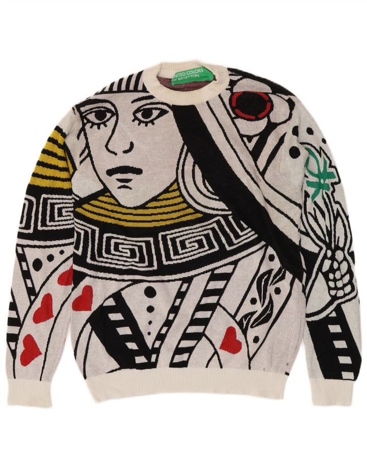 BENETTON Pull à Col Rond Graphique Cartes à Jouer Homme Blanc Moyen