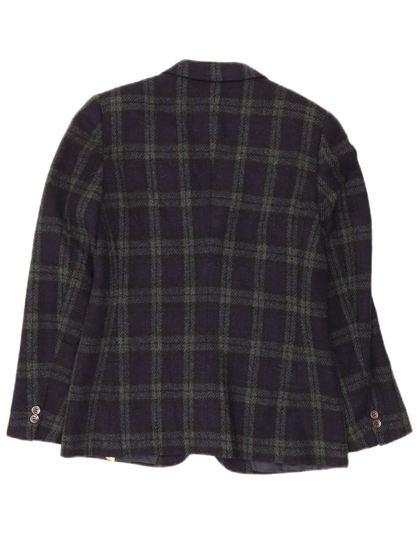 VINTAGE Veste Blazer 2 Boutons Femme IT 44 Laine à Carreaux Bleu Marine Moyen