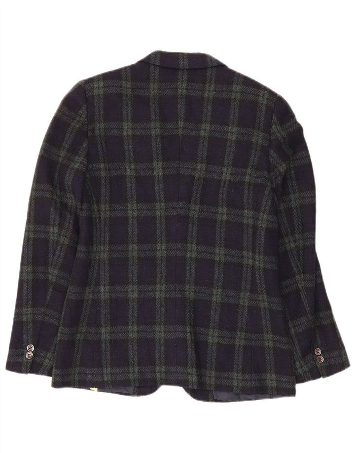 VINTAGE Veste Blazer 2 Boutons Femme IT 44 Laine à Carreaux Bleu Marine Moyen