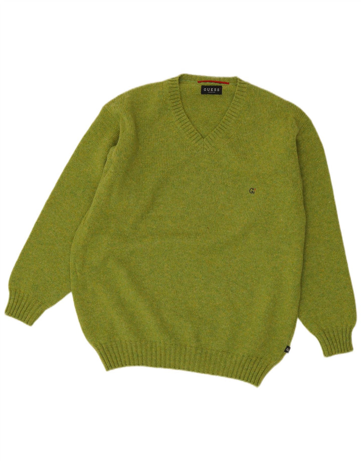Guess Pull col V pour homme en laine verte Taille L