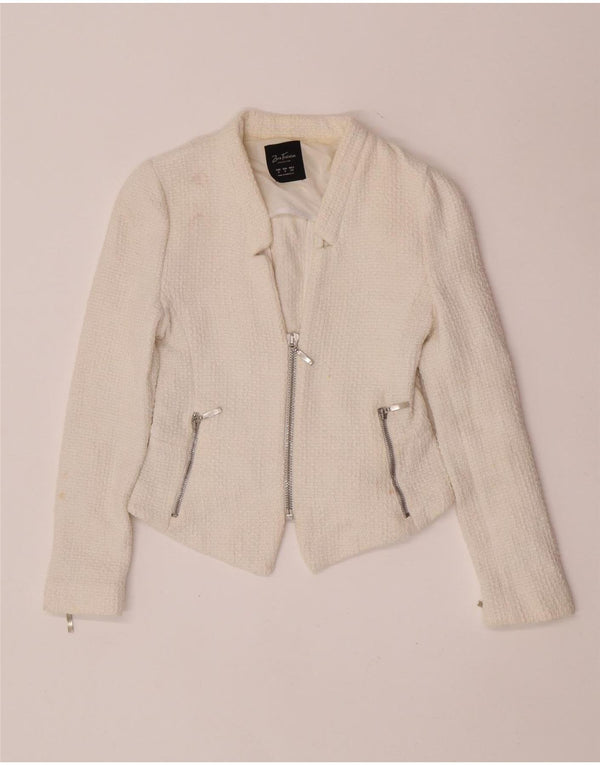 Zara Womens Crop Blazer Veste UK 8 Petit Coton Blanc