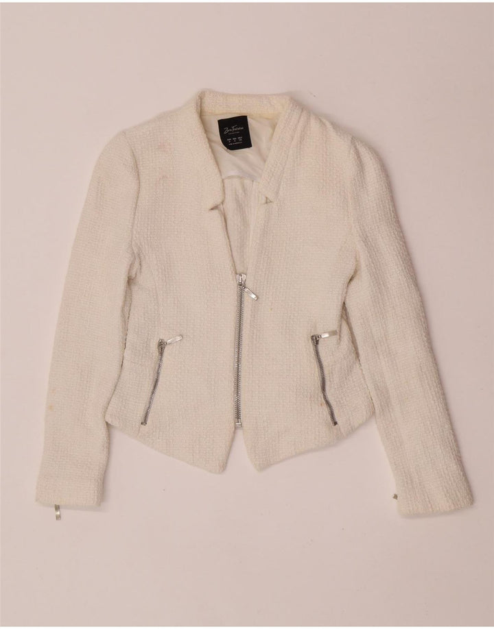 Zara Womens Crop Blazer Veste UK 8 Petit Coton Blanc