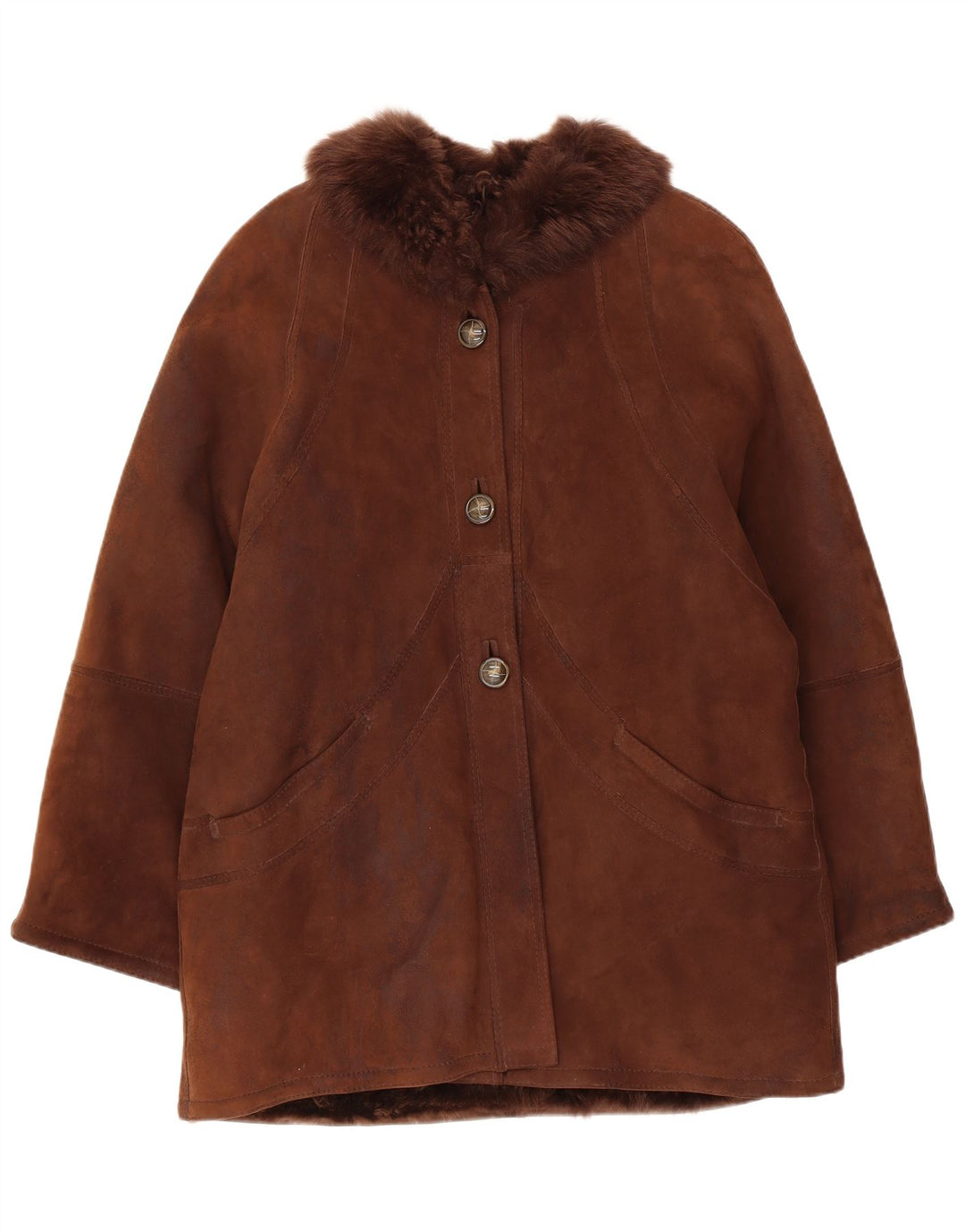 manteau en peau de mouton vintage femme UK 14 Grand Brun