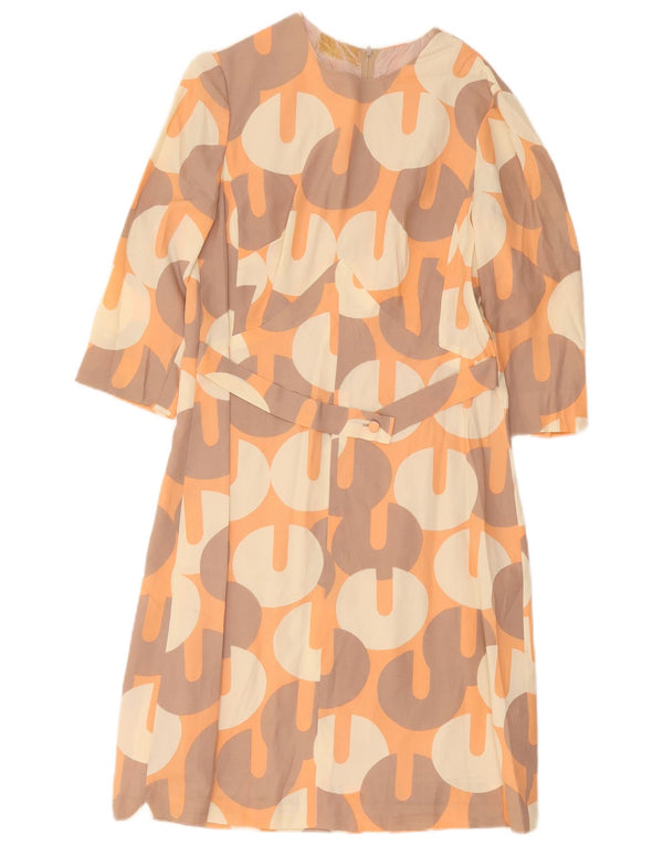 vintage Femmes 3/4 Manches Gaine Robe UK 12 Moyen Orange Géométrique