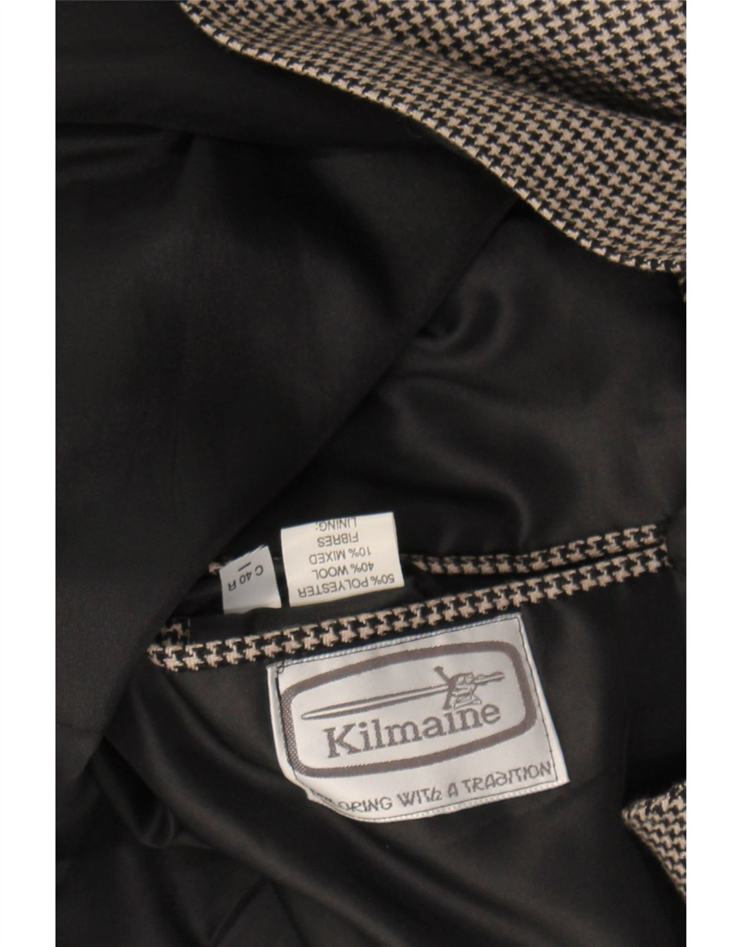 KILMAINE Mens 2 Button Blazer Jacket UK 40 Large Black Houndstooth Vintage Kilmaine and Second-Hand Kilmaine from Messina Hembry 
