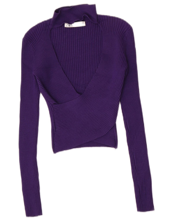 Zara Womens Crop Top Manches Longues UK 8 Small Violet Viscose