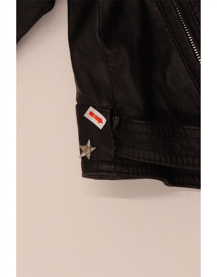 vintage Womens Crop Leather Biker Jacket UK 12 Cuir noir moyen