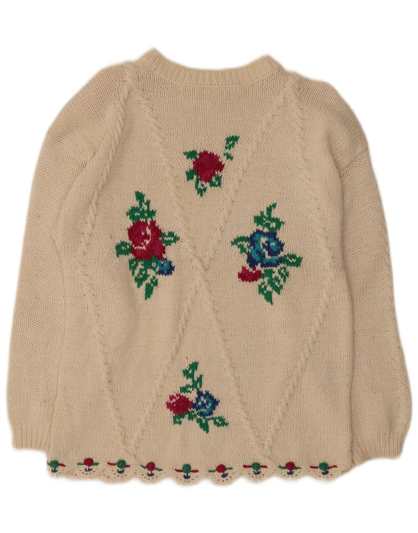 vintage Femmes Crew Neck Jumper Pull UK 14 Moyen Off White Floral Ramie