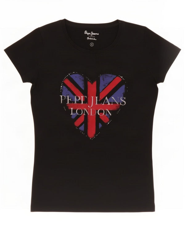 PEPE Jeans T-shirt graphique pour femme UK 10 Small Noir Coton