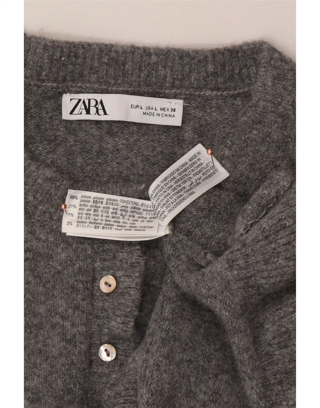 Zara Cardigan Femme Pull UK 16 Large Gris Polyester