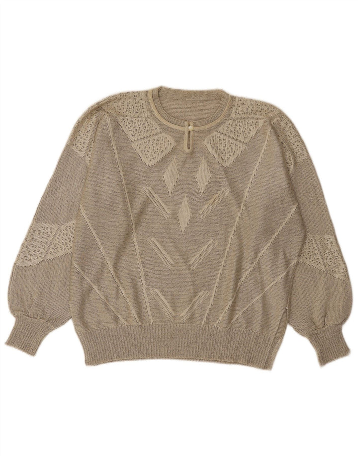 vintage Womens Button Neck Jumper Sweater UK 14 Grand Gris Géométrique