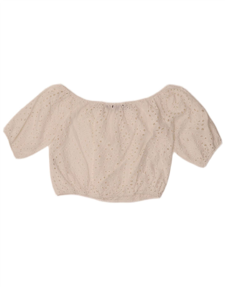 Zara Femmes Crop Off Épaule Top UK 10 Petit Blanc Coton