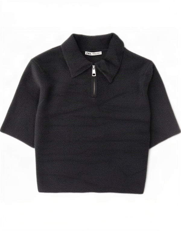 Zara Pull court à manches courtes et col polo pour femme UK 14 Large Gris