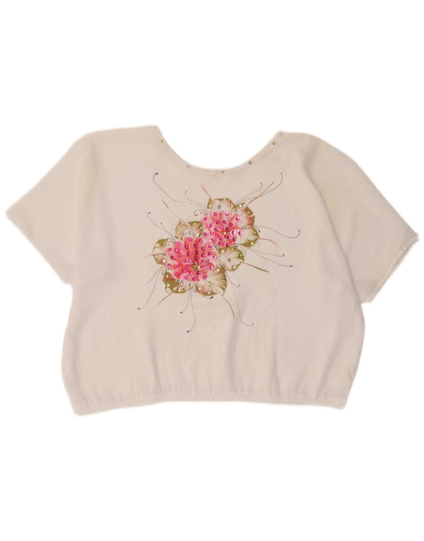 vintage Femmes Crop Blouse Top UK 18 XL Blanc Floral